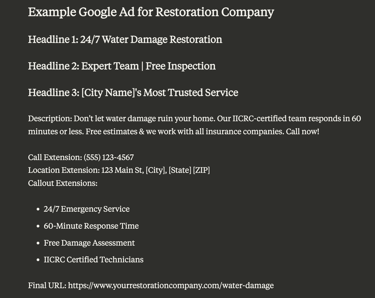 Example Google Ad for Restoration Company