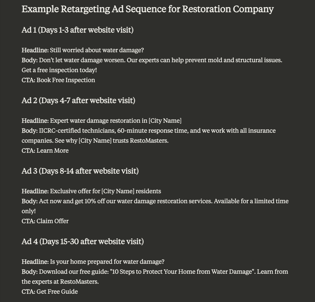 Example Retargeting Ad Sequence for Restoration Company